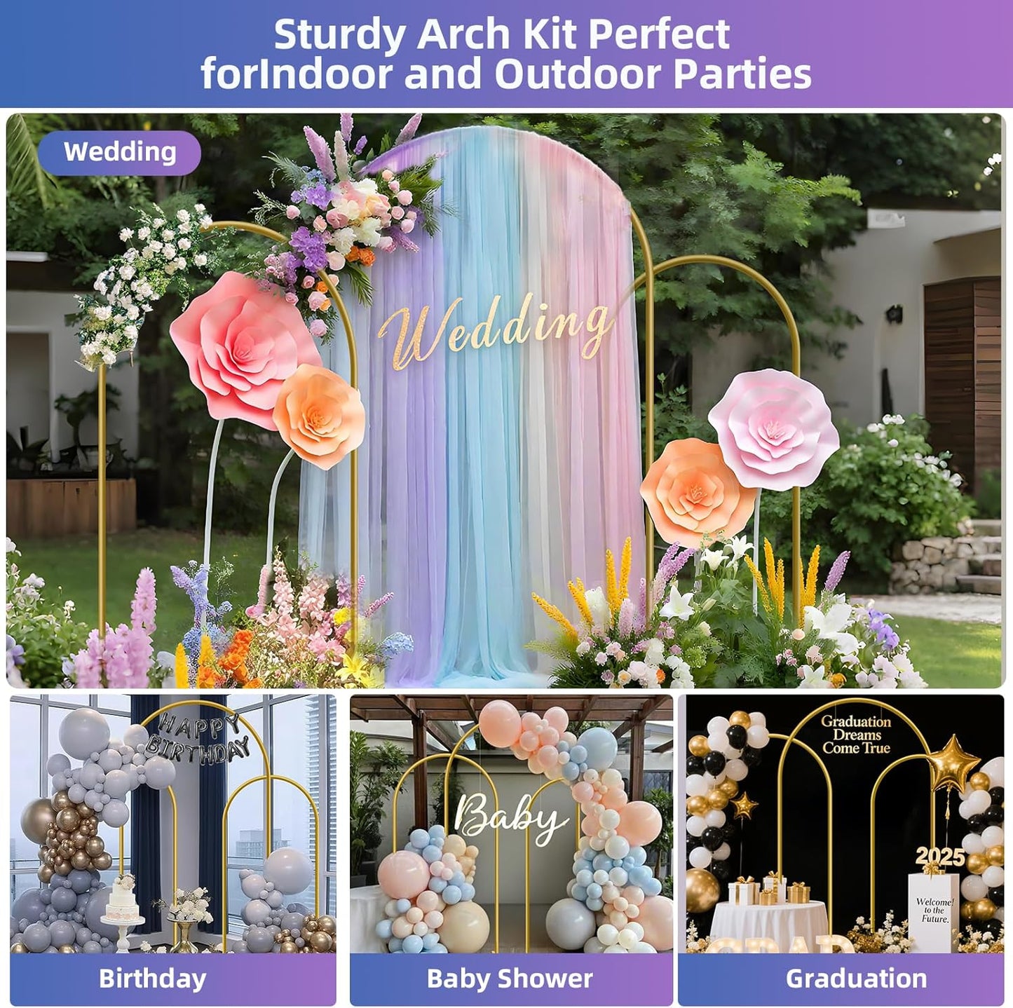 HEMMOTOP Metal Arch Backdrop Stand, Set of 3 (7.2ft / 6.6ft / 6ft) Wedding Arch Stand for Party, Birthday, Baby Shower - Background Arched Frame for Garden Decor, Gold Flower Arches Stands, 3 Pieces