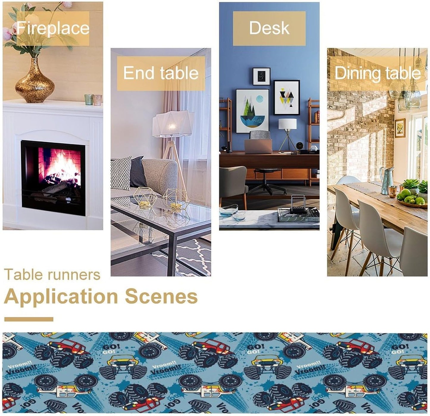 Monster Truck Table Runner,for Kids Boys Cool Colorful Cartoon Blue Cars Pattern Print Tablecloth Burlap for Hotel Indoors Outdoor Dining Room Kitchen Home Decor,W13X L60 in