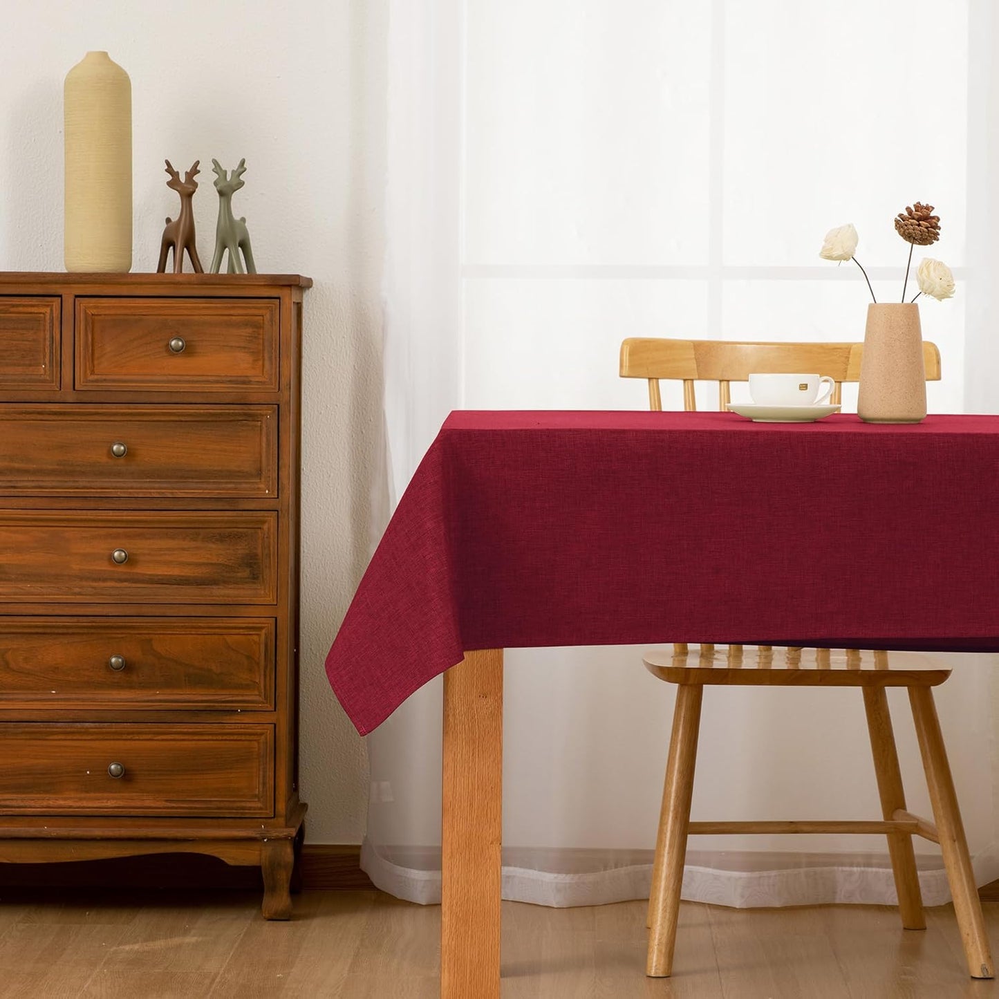 Hiasan Faux Linen Rectangle Tablecloth - Wrinkle and Stain Resistant Washable Table Cloth for Kitchen Dining Room Holiday Table Cover for Dinner, Red, 60 x 140 Inch