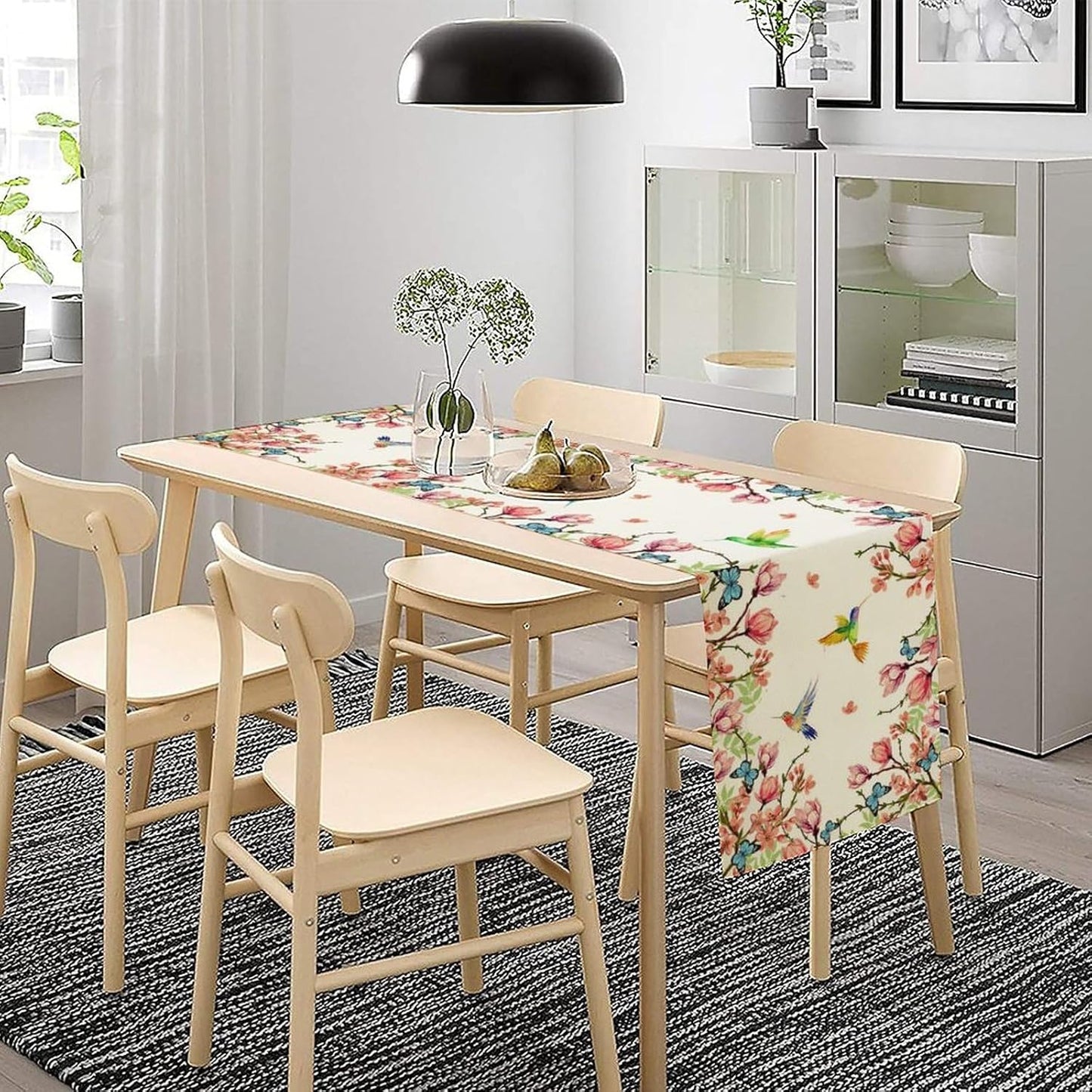 Vintage Watercolor Flower Hummingbird Table Runner Seasonal Spring Garden Plants Birds Florals Farmhouse Country Kitchen Dinner Runner Dining Table Decoration 13"x70"