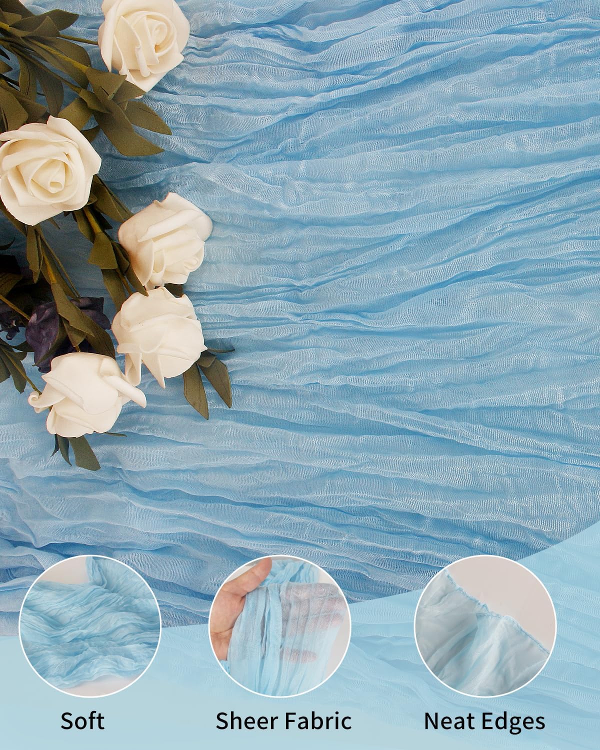 Blue Cheesecloth Table Runner 120 Inch, Light Blue Boho Gauze 10 FT, Rustic Cheese Cloth Table Runner for Wedding, Baby Bridal Shower, Birthday, Party, Holiday Decor Home Decorations