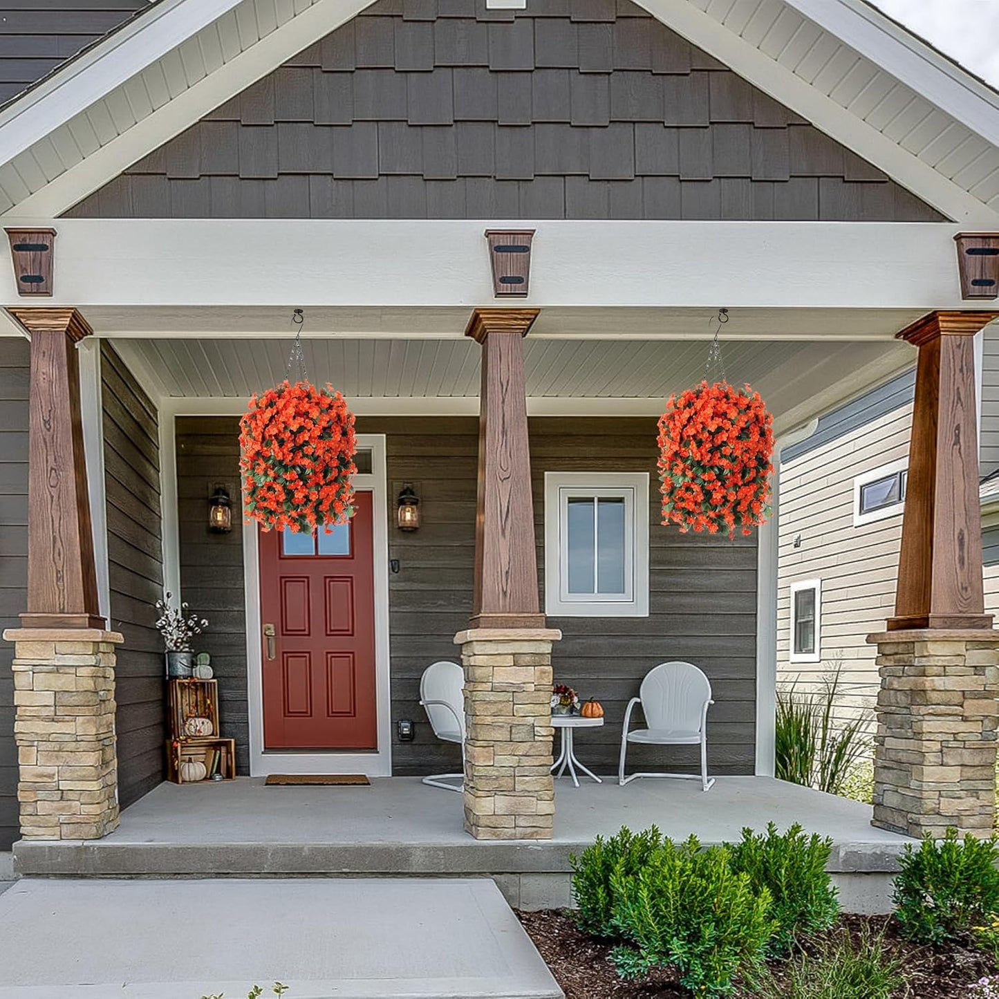 Artificial Fake Fall Hanging Flowers Plants Baskets for Autumn Outdoor Outside, Faux Silk Orange Orchid in Planter UV Resistant for Home Porch Garden Yard Patio Decor