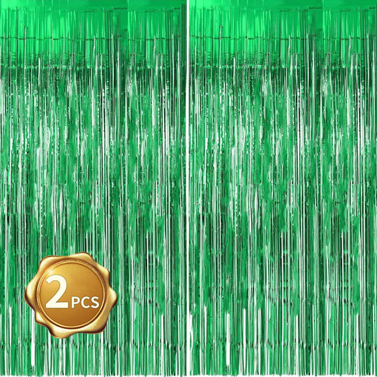 BEISHIDA 2 Pcs Green Door Streamers Tinsel Curtain Party Streamers Backdrop Fringe Foil Wall Background for Birthday Halloween Christmas Wedding Party Decoration(3.28 ft x 6.56 ft)