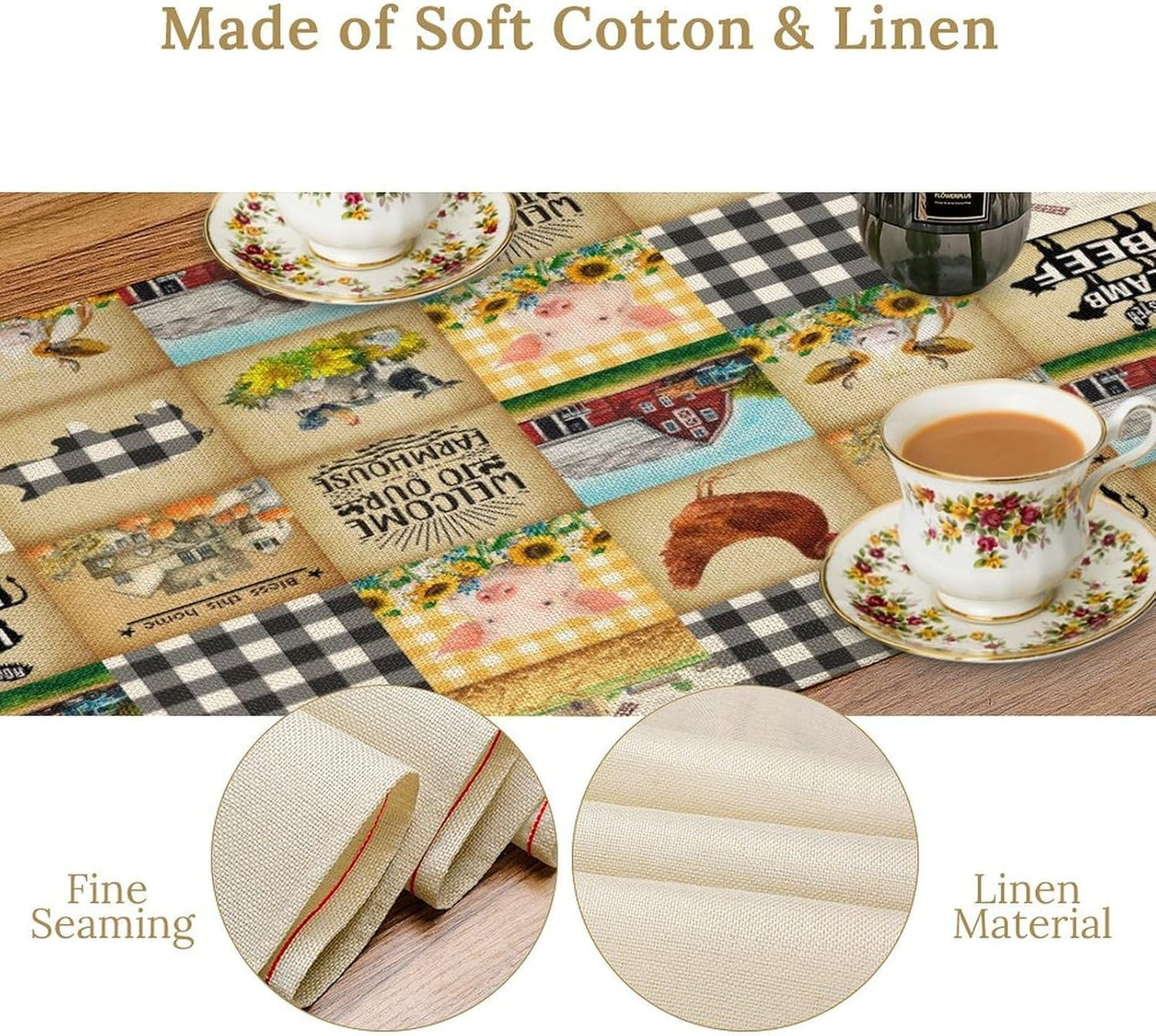 Farmhouse Animals Table Runner,Rustic Cabin Pig Chicken Cow Sunflowers Geometric Grids Burlap for Hotel Indoors Outdoor Dining Room Kitchen Holiday Party, 13x70in