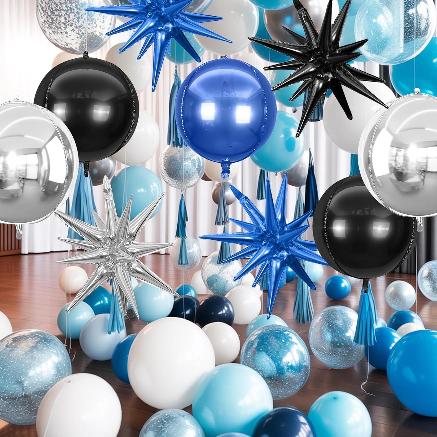 6Pcs Black Blue Silver Foil Balloons,22Inch Black Blue 4D Round Ball Balloon and Explosion Star Balloon for Birthday Wedding Baby Shower Prom Party Anniversary Decorations