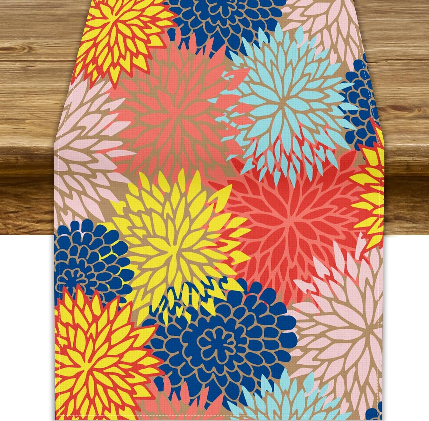 Dahlia Flowers Table Runner Colorful Floral Teal Grey Pink Yellow Blue Abstract Table Runner Kitchen Dining Party Decor Living Room, 13x108 Inch