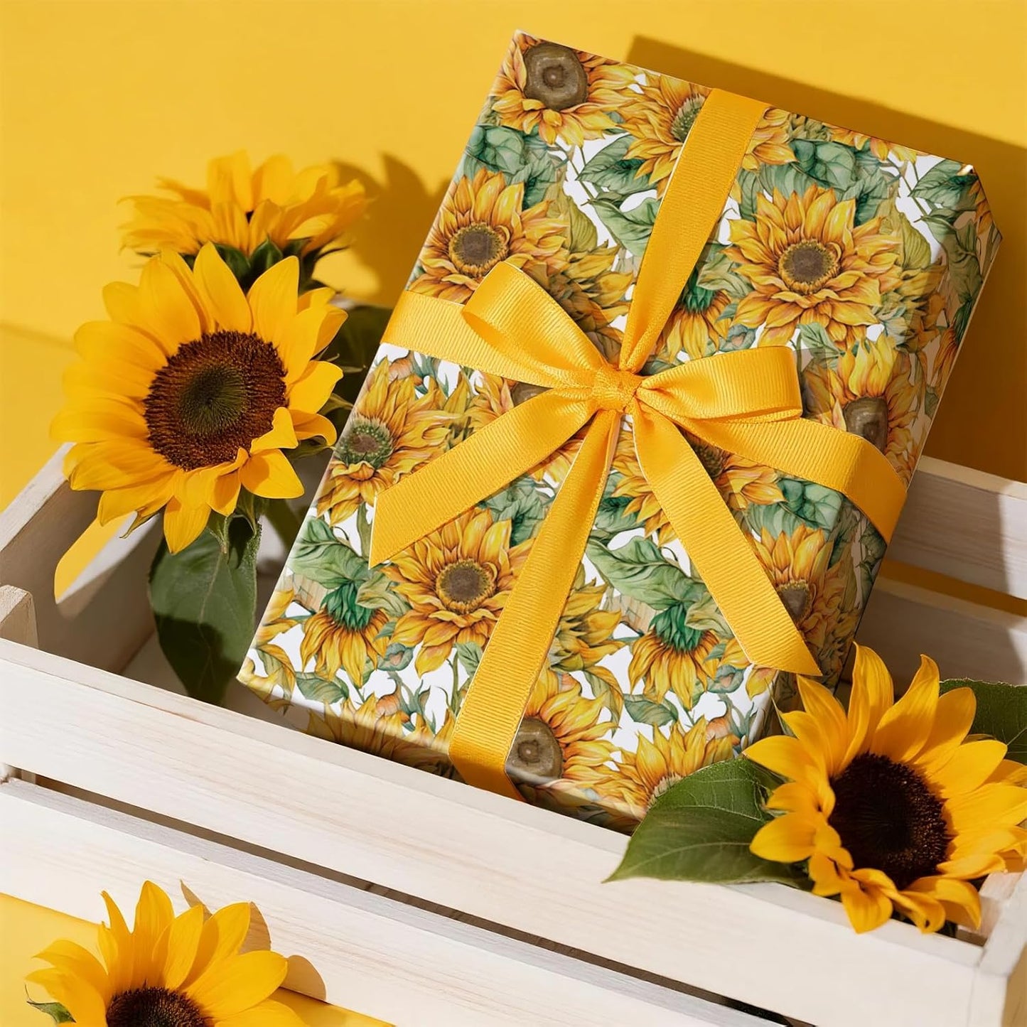 RUSPEPA Sunflower Wrapping Paper Roll for Women Girls, Mini Roll, Bright Yellow Sunflower Floral Design with Green Leaves, Cheerful Gift Wrap for Birthday, Wedding, Mother's Day, 17 Inches x 16.4 Feet