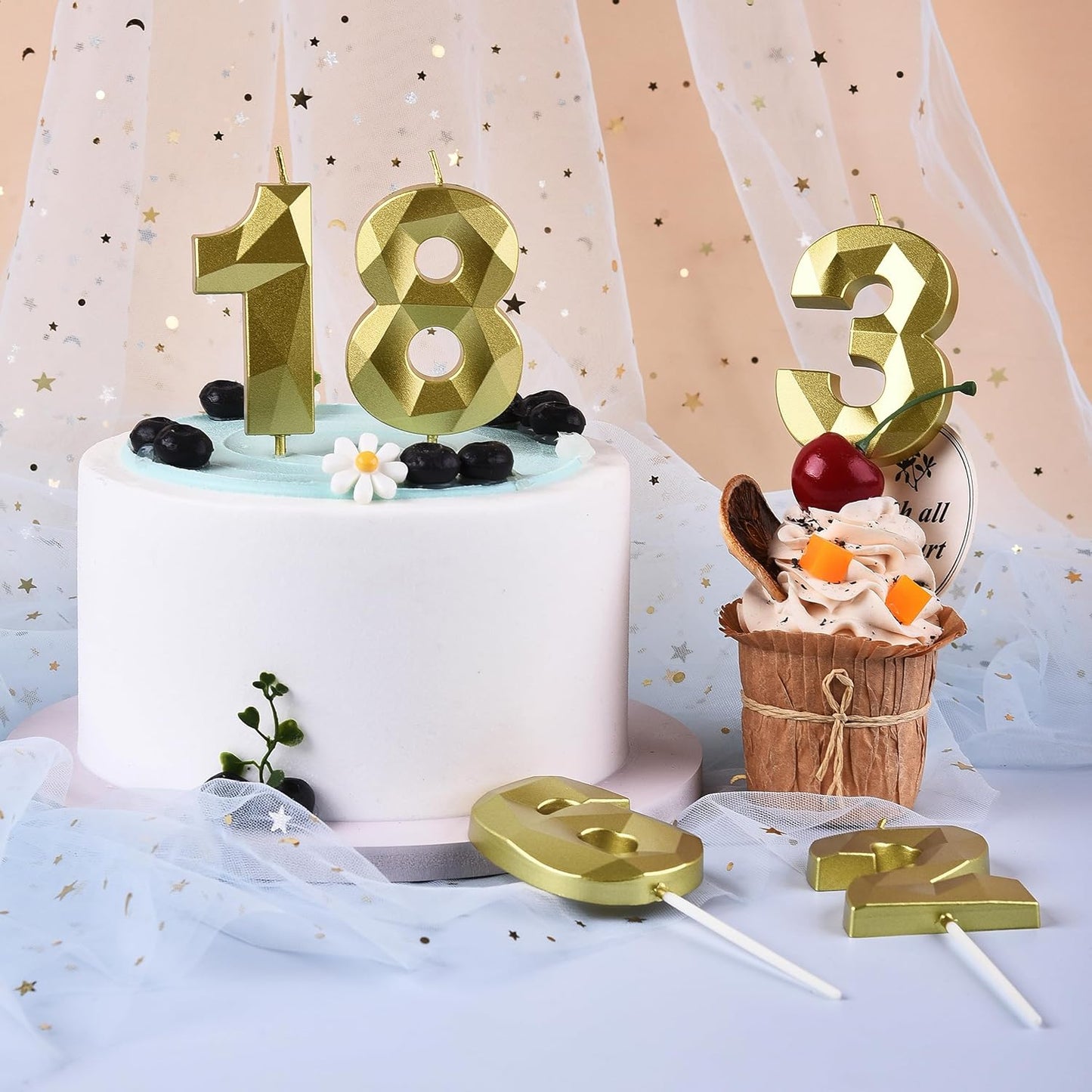 PHD Crystal Gold 2.76 Inch 2 Number Birthday Candles, Gold Cake Number Candles for Party Celebration