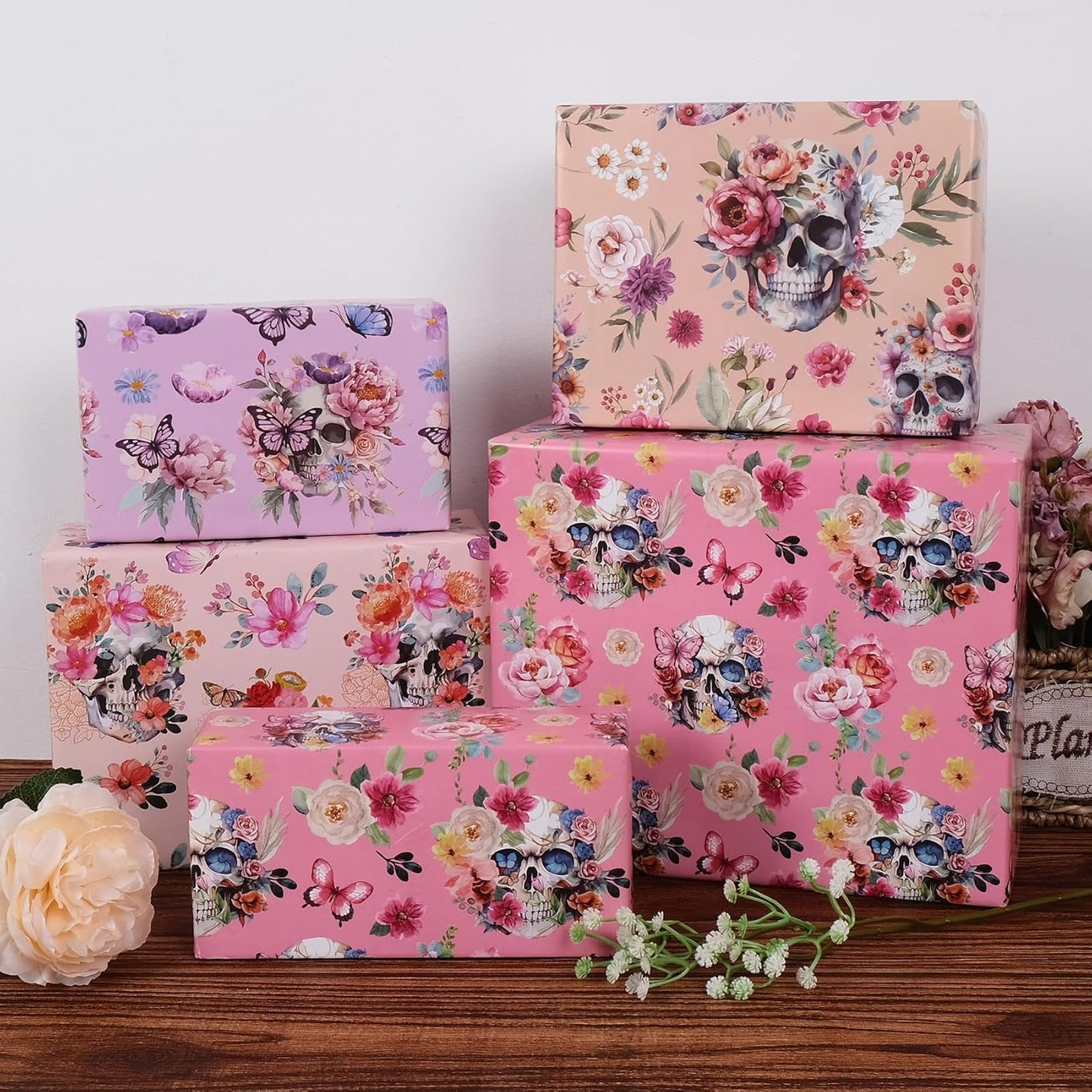 Aimyoo Gothic Wrapping Paper Rolls, 17 Inch X 16.5 Feet - 4 Rolls - Skull Floral Butterfly Design Gift Wrap Paper for Mother's Day, Birthday Bridal Shower