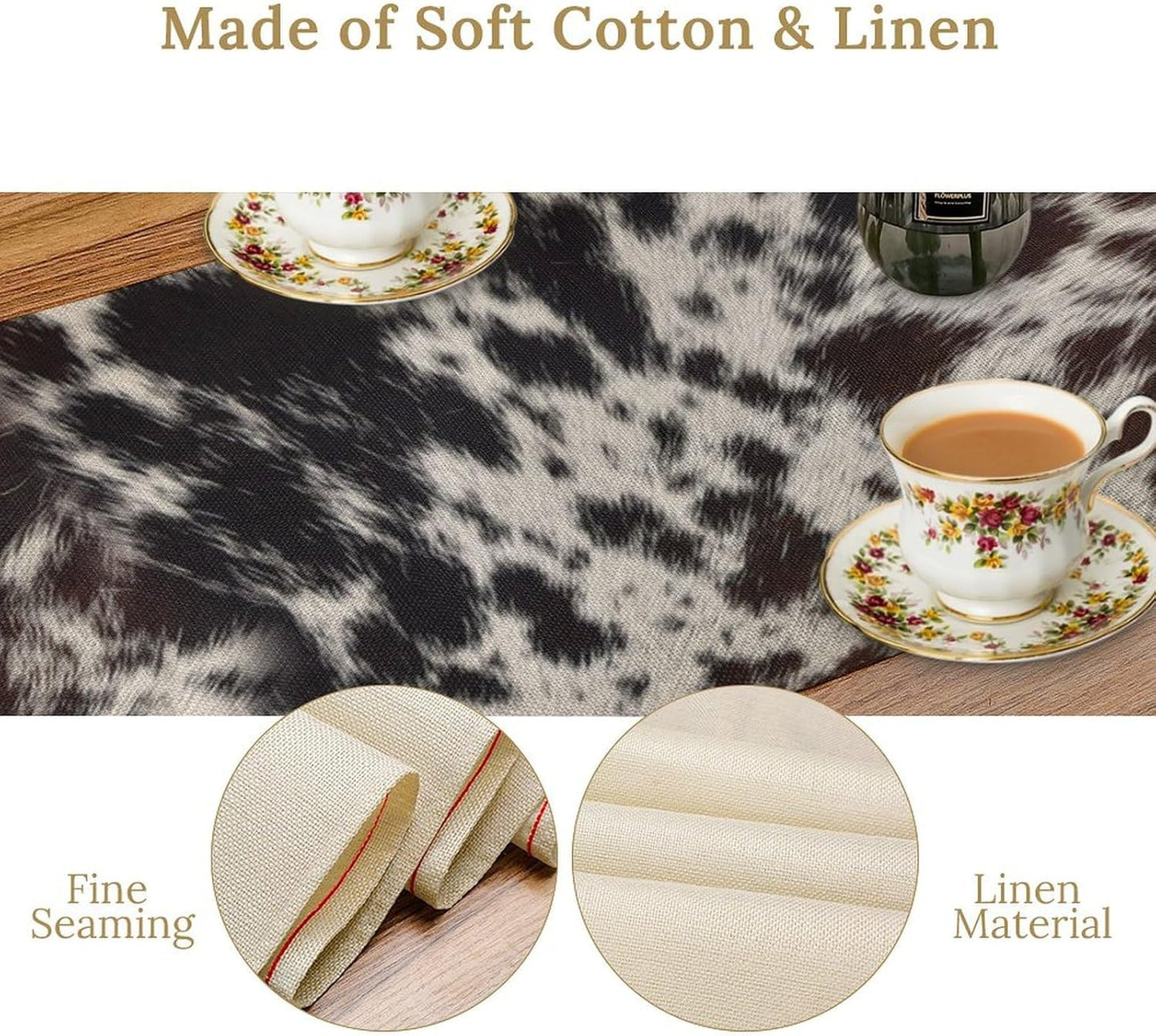 Cow Print Table Runner, Country Farm Animal Fur Skin Pattern Western Style Black Brown Cowhide Print Dinner Runner for Home Kitchen Dining Home Setting, 13x108 Inch