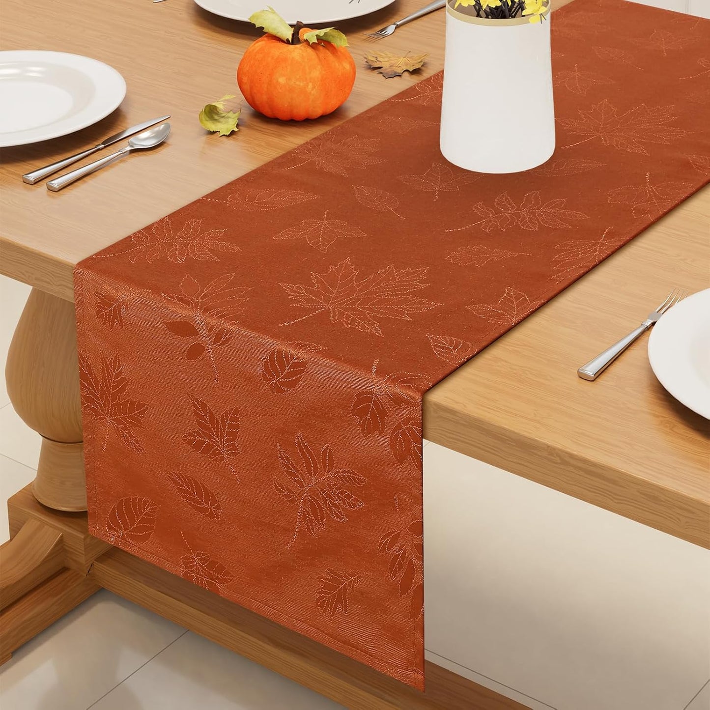 Smiry Fall Table Runner - 13x72 Inch Autumn Leaves Damask for Harvest Parties and Thanksgiving Dinner, Rust