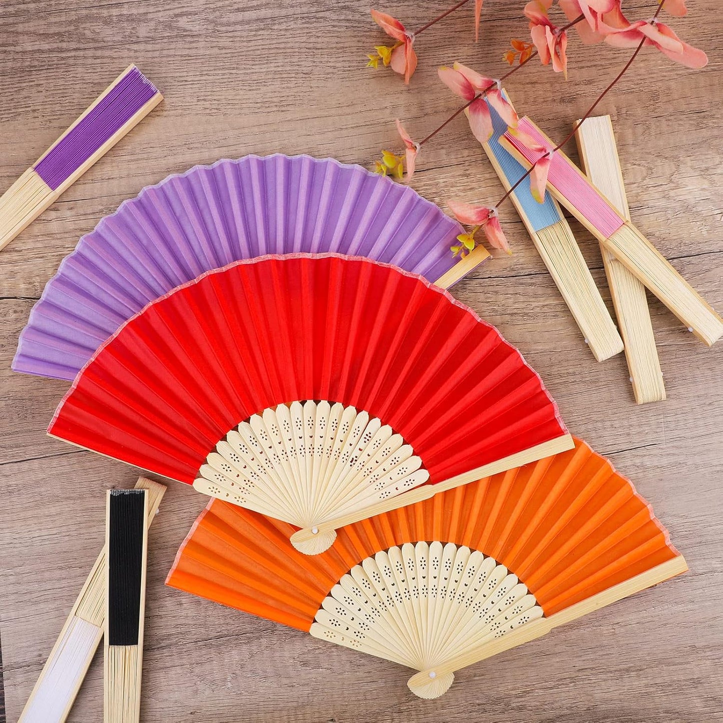 MCEAST 50 Pieces Silk Folding Fan with Bamboo Frames, Handheld Fan Folding Hand Fan Foldable Fan for Wedding Gifts, Party Favors, Home Decoration, Multicolor