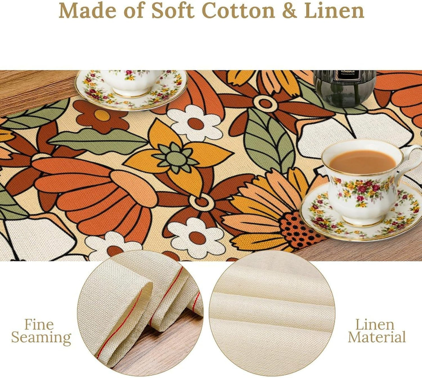 Vintage Floral Table Runner,Boho 70s Style Retro Flower Table Cloth Kitchen Dining Table Home Party Decoration 13x108 Inch