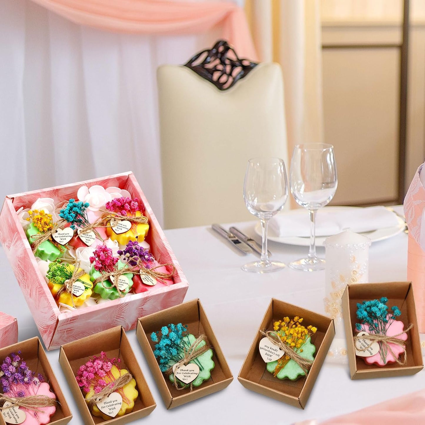 Kigeli Set of 45 Soap Favors DIY Bridal Shower Favors Bulk Wedding Soap Gifts Baby Shower Scented Soap Favors Natural Handmade Soap Bars for Wedding Bridal Shower (Green, Yellow, Red, Flower)