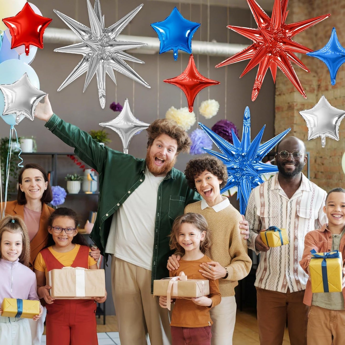 Blue Red Silver Star Balloon,16Pcs Star Foil Balloons Set with 22Inch Explosion Spike Cone Balloons and 10Inch Quadrangle Helium Balloon for Birthday Wedding Baby Shower Party Decorations