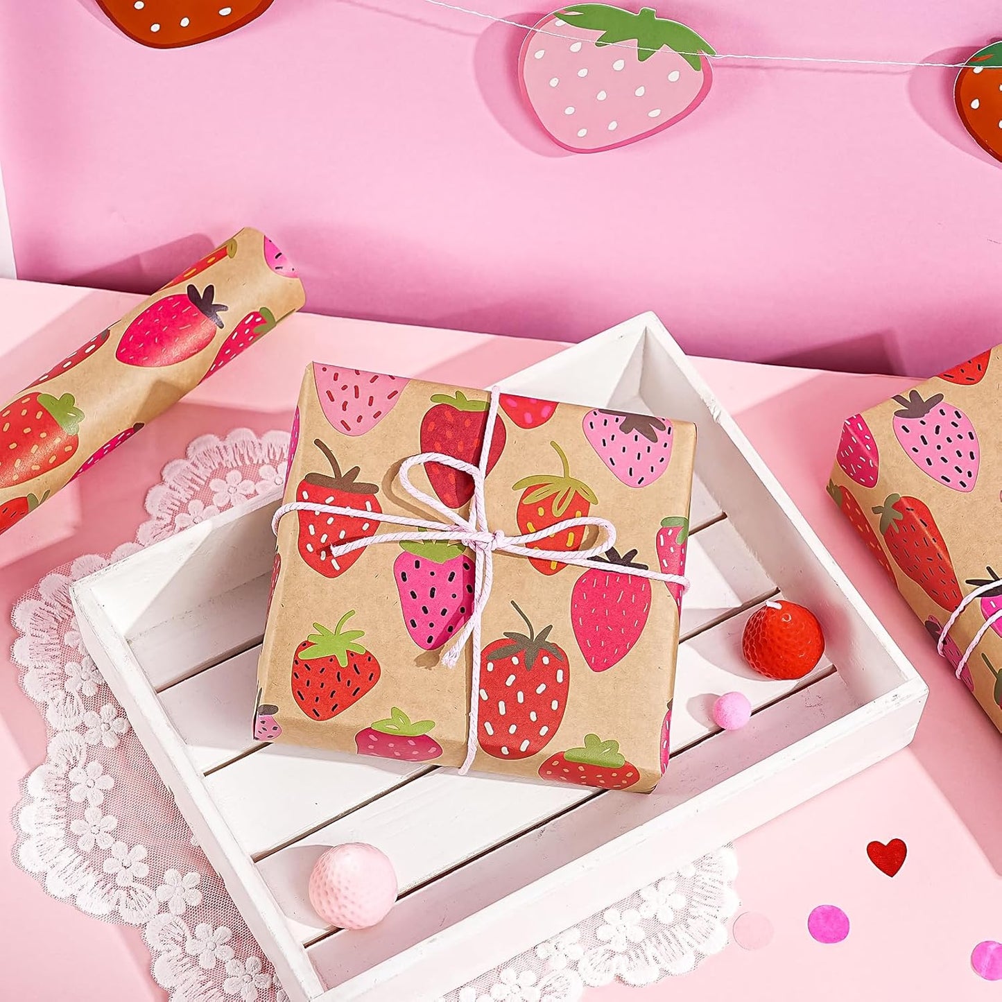 WRAPAHOLIC Kraft Strawberry Wrapping Paper Roll - Mini Roll - 17 Inch x 16.5 Feet - Sweet Strawberry Fruits Wrapping Paper for Summer, Birthday, Wedding, Bridal Shower