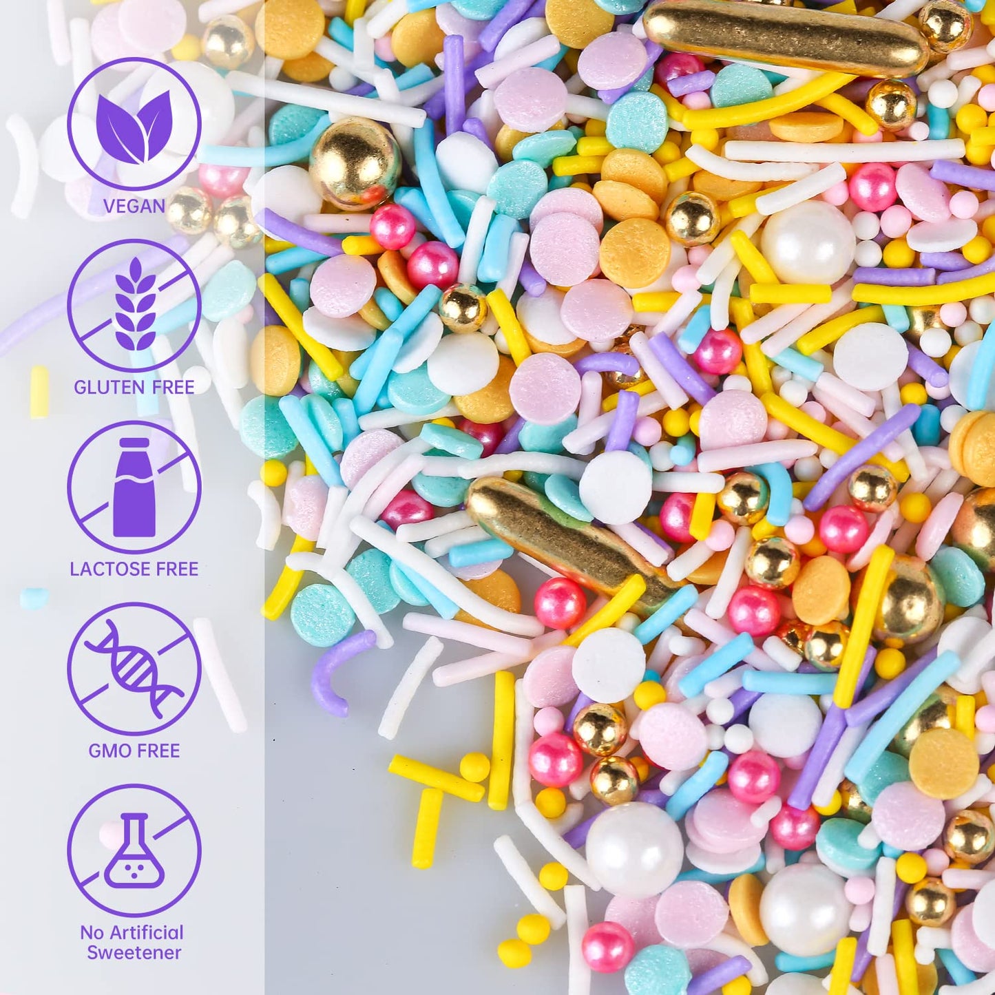 Rainbow Sprinkles for Cake Decorating 7ounce Cake sprinkles for Cupcakes Topper, Cookie Candy Decorations - Metallic Gold Sprinkles Sugar Pearls, Jimmies for Birthday wedding Celebrations Party