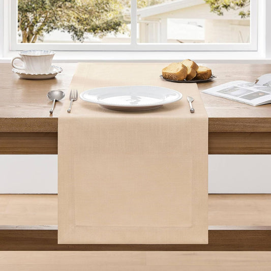 ZeeMart Linen Textured Border Table Runner, 14 x 108 Inch Oatmeal, Farmhouse Style Beige Table Runners 108 Inches Long, Easy Care Everyday Polyester Table Runner
