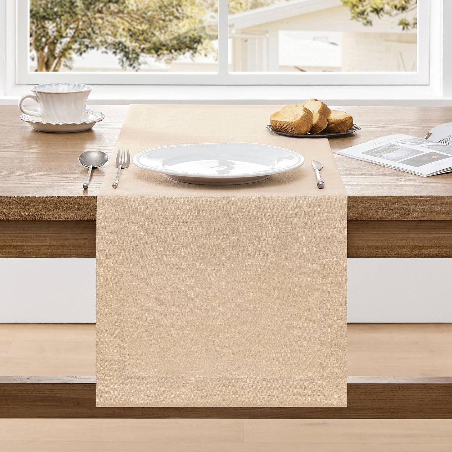 ZeeMart Linen Textured Border Table Runner, 14 x 72 Inch Oatmeal, Farmhouse Style Beige Table Runners 72 Inches Long, Easy Care Everyday Polyester Table Runner