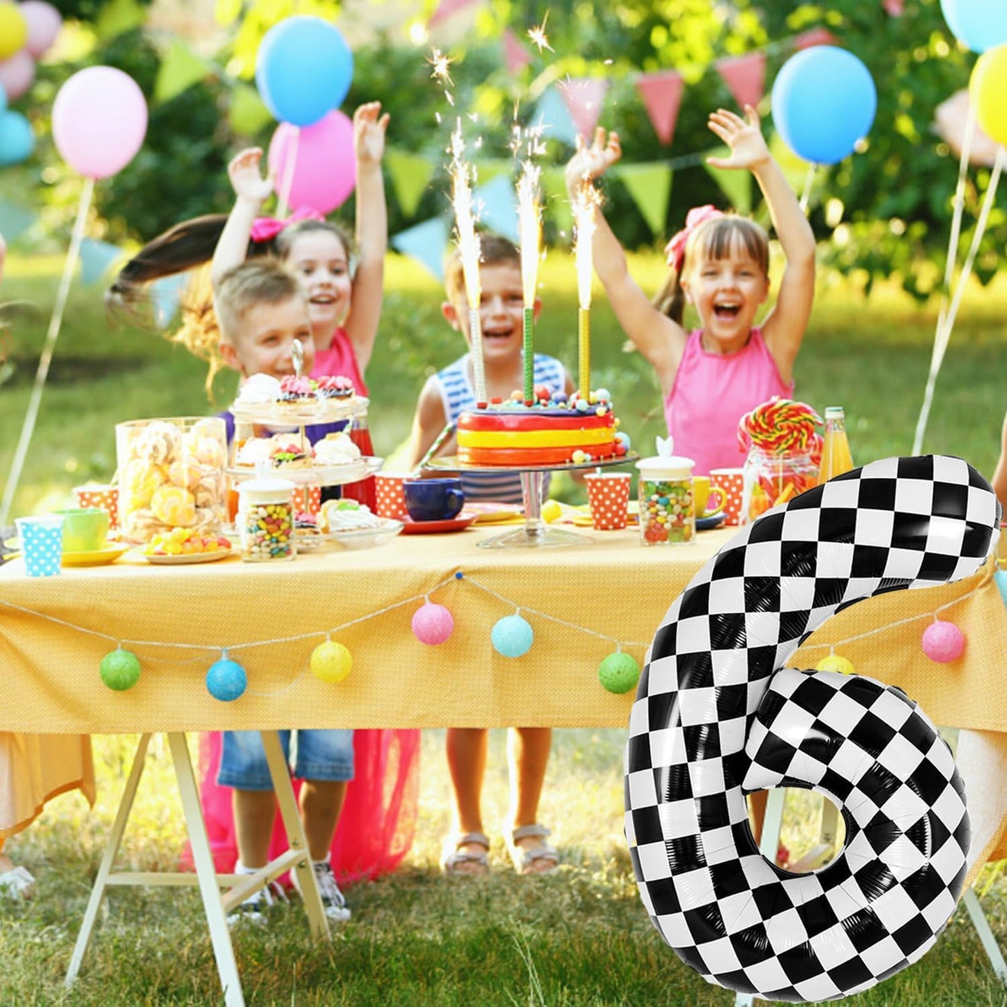 40 Inch Checkered Number Balloon - Race Flag Pattern Big Helium Balloon for Birthday Party Decorations - Black & White Balloon for Kids Adults Party Supplies(Racing Car, Number 6)