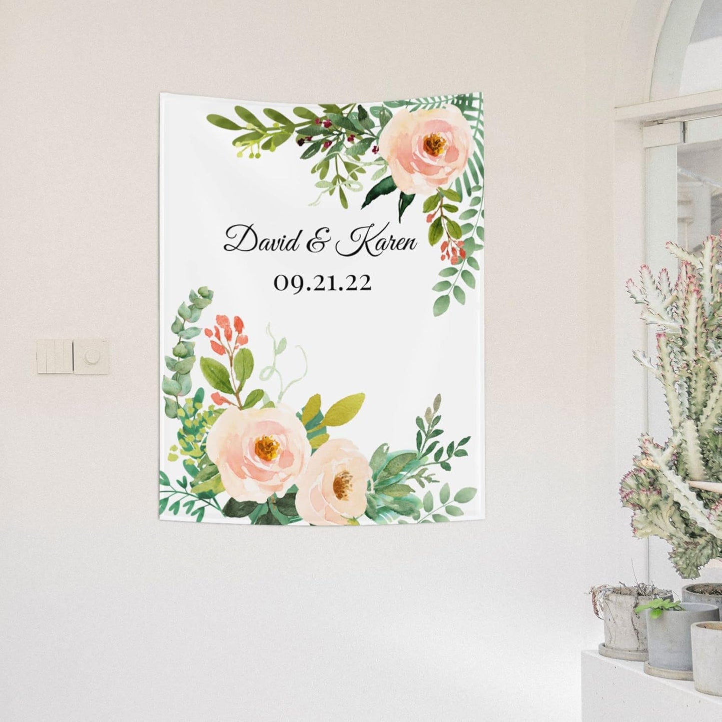 Wedding Backdrop for Reception, Custom Tapestry with Names & Date, Personalized Calligraphy Banner Ceremony, Flowers and Leaves Deisgn, Arch Decor One Size