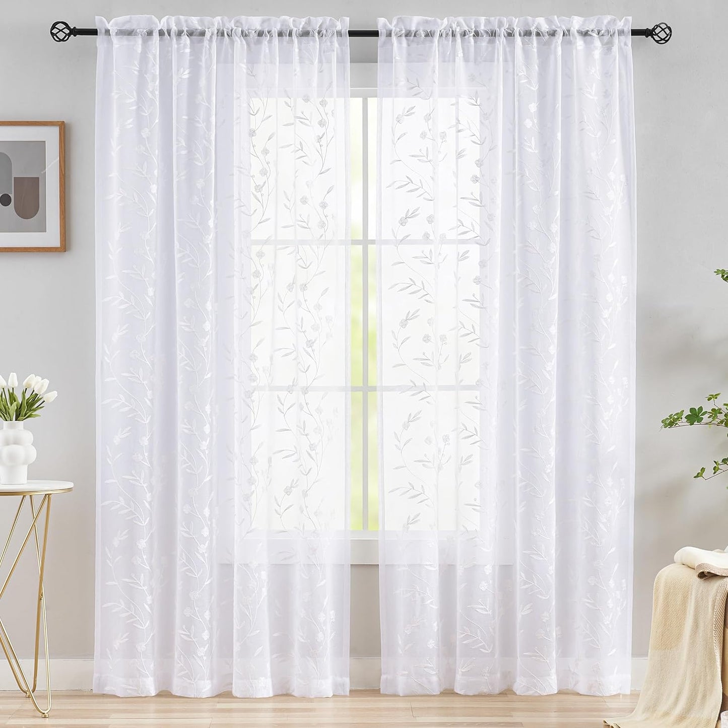 Embroidery Sheer Curtains White 95 Inches, Floral Pattern Window Treatments Rod Pocket Drapes for Living room, Bedroom, Semi Voile Curtain Panels for Yard, Patio, Villa, Parlor, Set of 2, 52"x 95".