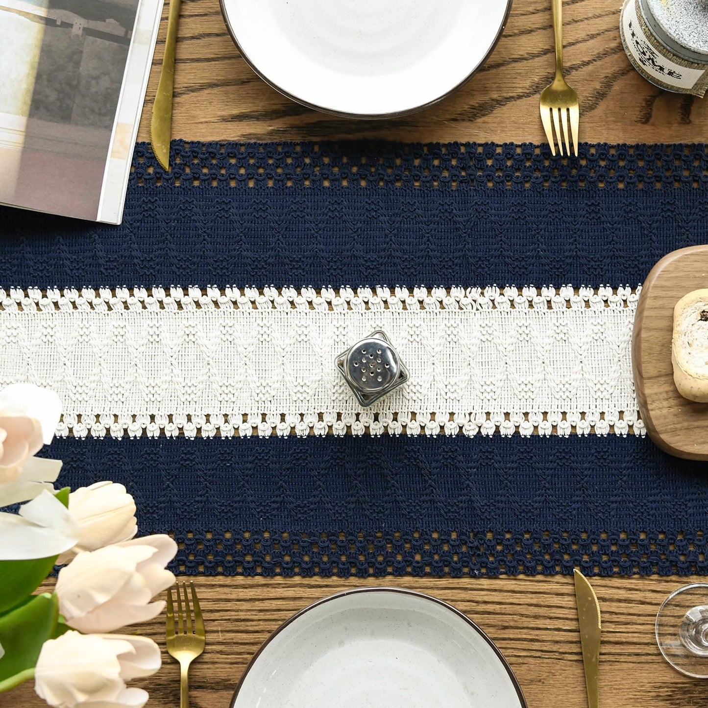 Artoid Mode Dark Blue Farmhouse Rustic Table Runner, Seasonal Hollow Kitchen Dining Table Decoration for Home Party Decor 12x120 Inch