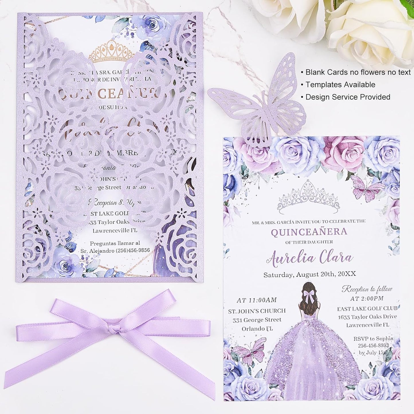 Purple Butterfly Laser Cut Wedding Invitations 50 Set, Hollow Out Rose Shaped Wedding Invites for Bridal Shower Quince Invitaciones Para Boda (Blank Inner Sheet, No Pattern)
