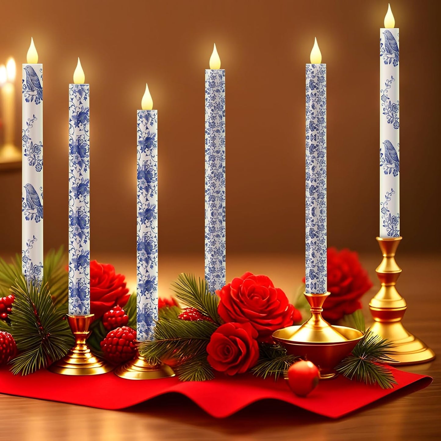 Baquler 6 Pcs Chinoiserie Bird Floral Flameless Candles 10.6 Inch Christmas Blue and White Battery Operated Led Candlesticks Chinoiserie Decor for Christmas Centerpiece Xmas Party Decor Holiday Gifts