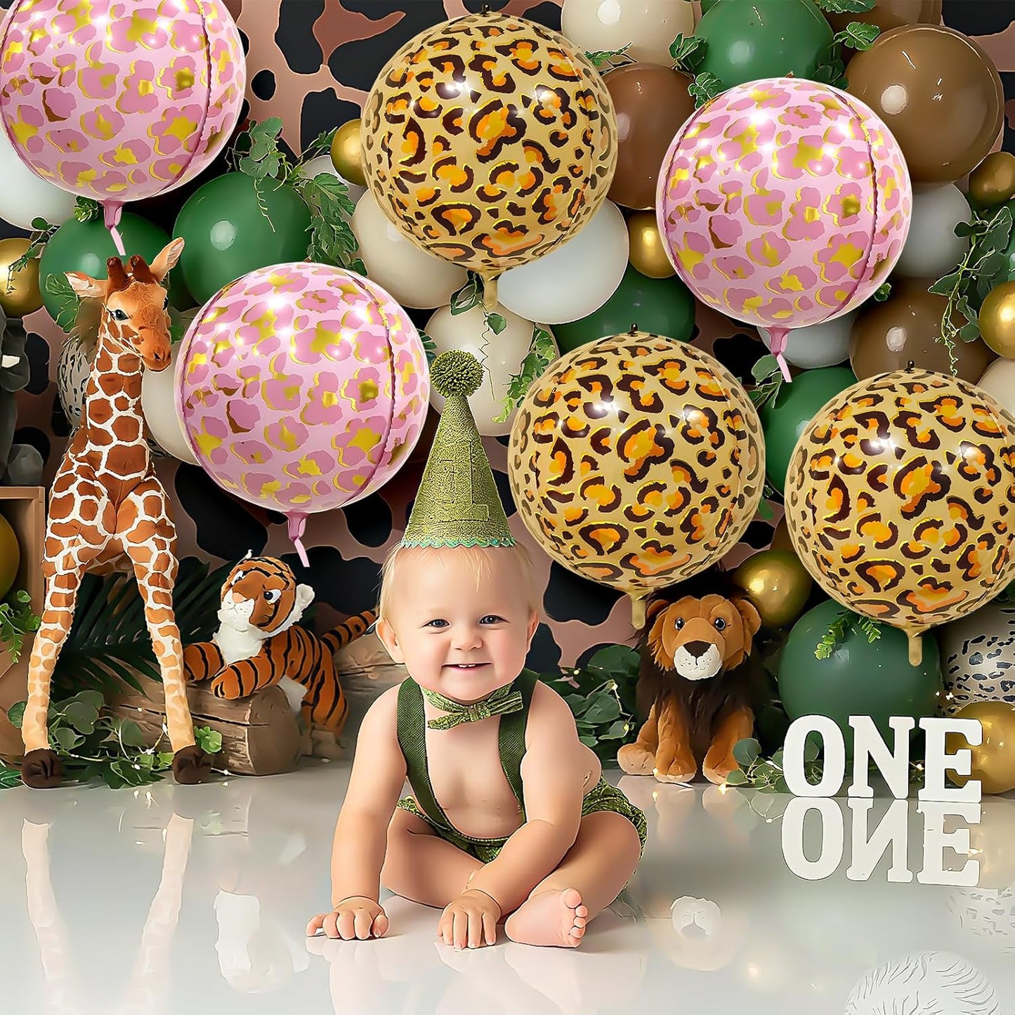 6Pcs Gold and Pink Cheetah Print Foil Balloons, 22inch 4D Leopard Theme Balloons, Large Round Ball Animal Foil Balloon for Cheetah Zoo Themed Wild Jungle Birthday Party Backdrop Decorations