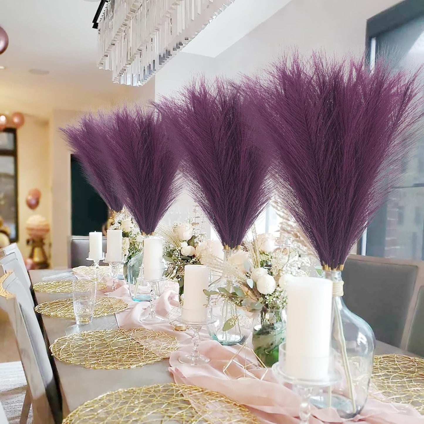 50pcs Pink Faux Pampas Grass Decor, 21.6" Short Artificial Pompous Grass Floral Fake Pompas Grass Branches Vase Filler Flower Arrangement for Home Wedding Boho Decor
