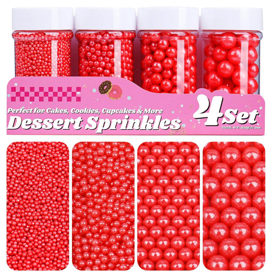Red Pearl Sprinkles for Cake Decorating, 11.3 Oz Edible Pearls Sugar 4 Sizes Gift Box Set for Baking Cookie Ice Cream Cupcake Toppings