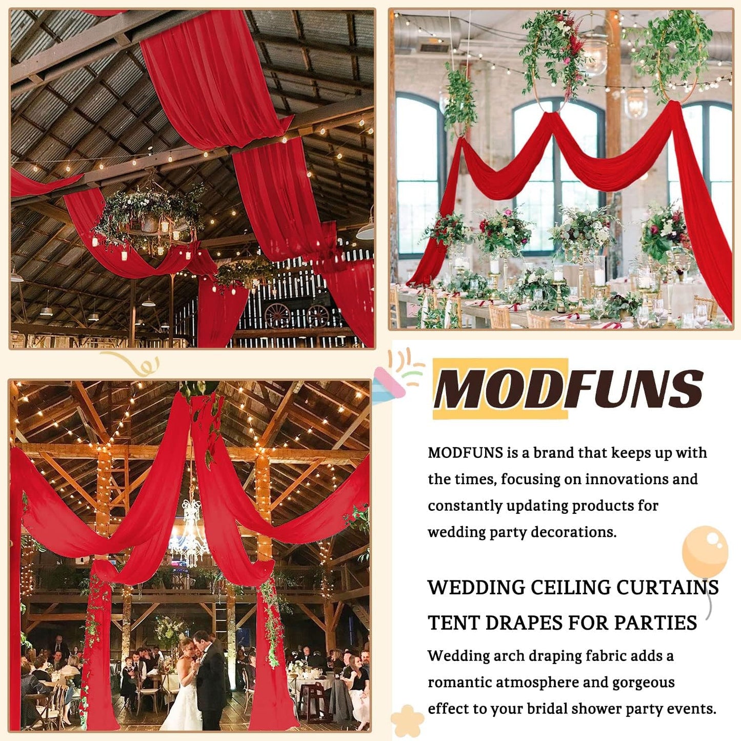 MODFUNS Ceiling Draping Red Ceiling Drapes for Parties 5x30FT 2 Panels Chiffon Sheer Draping Fabric for Wedding Arch Drapery Curtains Tulle Arbor Drapes for Wedding Reception Birthday Curtains