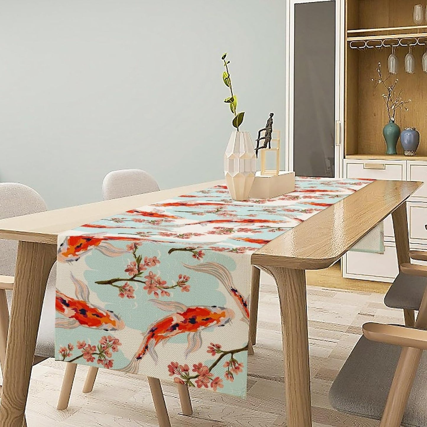 Japanese Kio Fish Table Runner Cherry Flower Art Printed Burlap Runner Home Kitchen Dining Table Living Room Decor Fabric 1 Panel W13xL60in