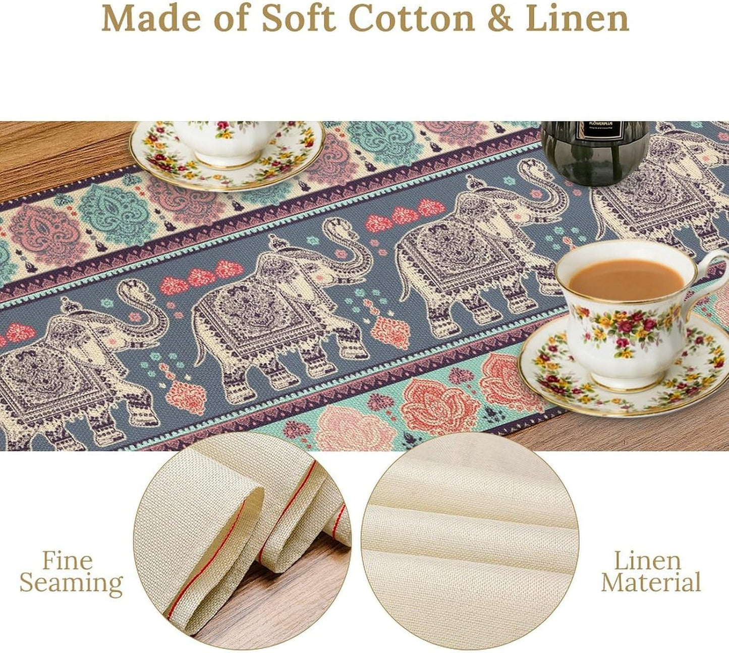 Boho Table Runner, Indian Bohemian Elephant Mandala Paisley Floral Hippie Art Print Table Center Decor for Home Kitchen Dining Patio Holiday Party Indoor Outdoor Table Decorations, 13"x36" Inch