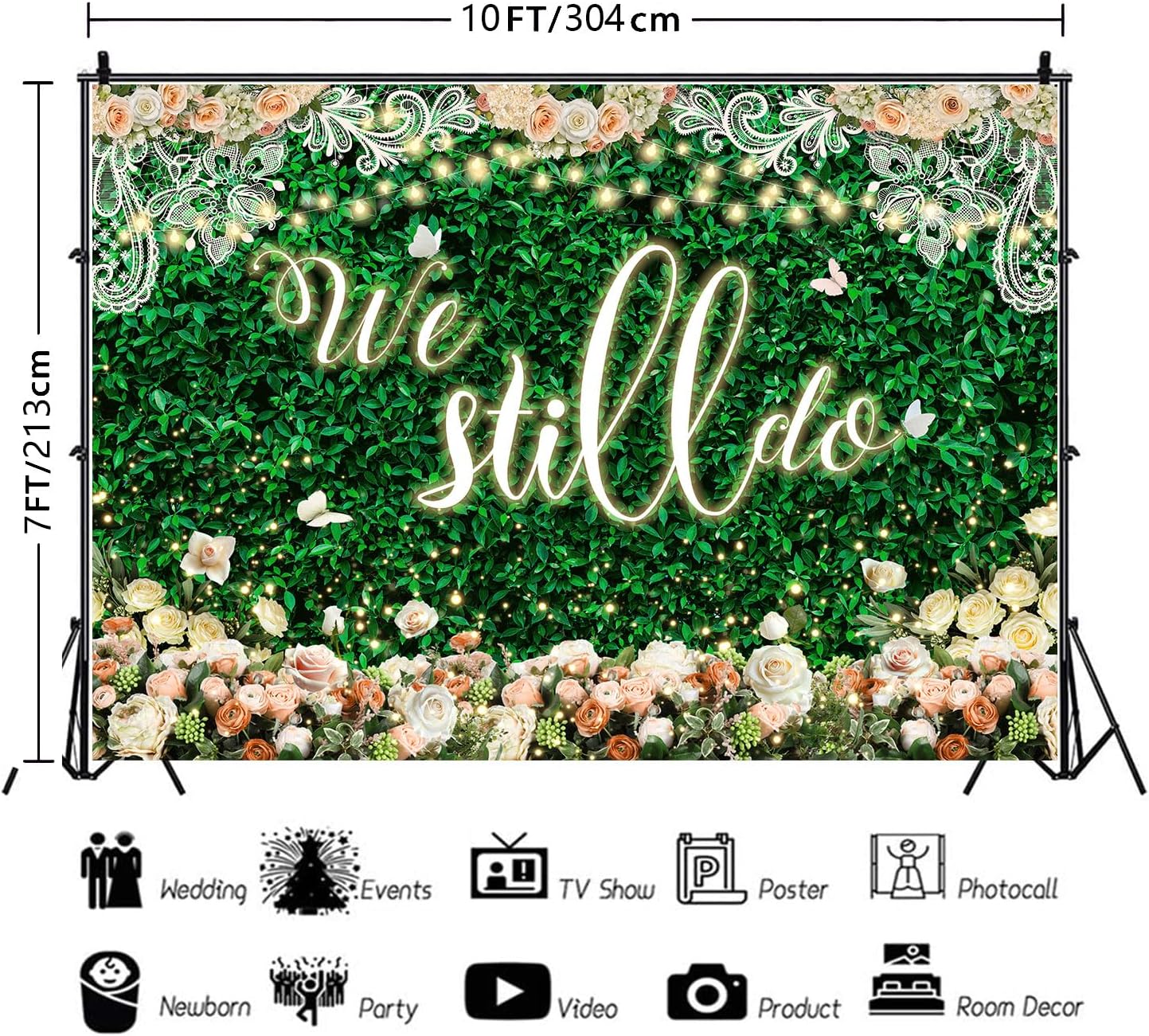 We Still Do Backdrop Green Leaves Lace Wedding Anniversary Photography Background Engagement Vow Renewal Bachelorette Party Decoration Banner Photo Booth Studio Props 10x7ft FU065YL