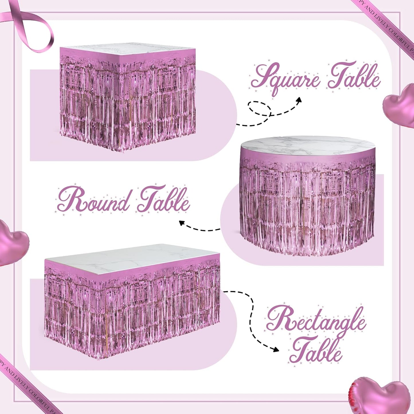 2 Pack Pink Table Skirts, 29x108" Metallic Foil Tinsel Fringe Table Skirts for Rectangle Tables Streamer Curtains Backdrop, Party Decorations for Birthdays Weddings Holidays