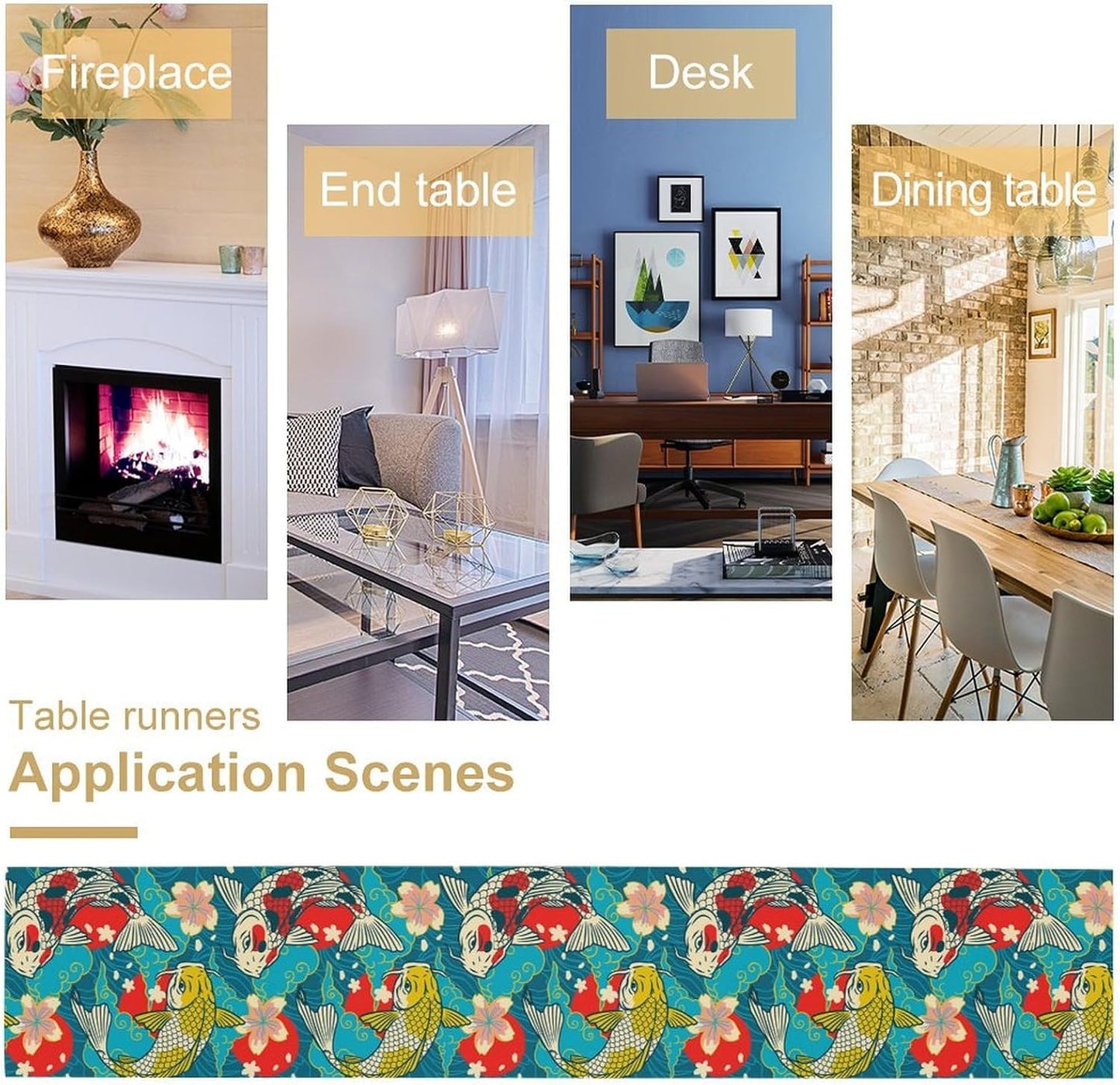 Japanese Kio Fish Table Runner Oriental Tradition Cherry Art Printed Burlap Runner Home Kitchen Dining Table Living Room Decor Fabric 1 Panel W13xL108in