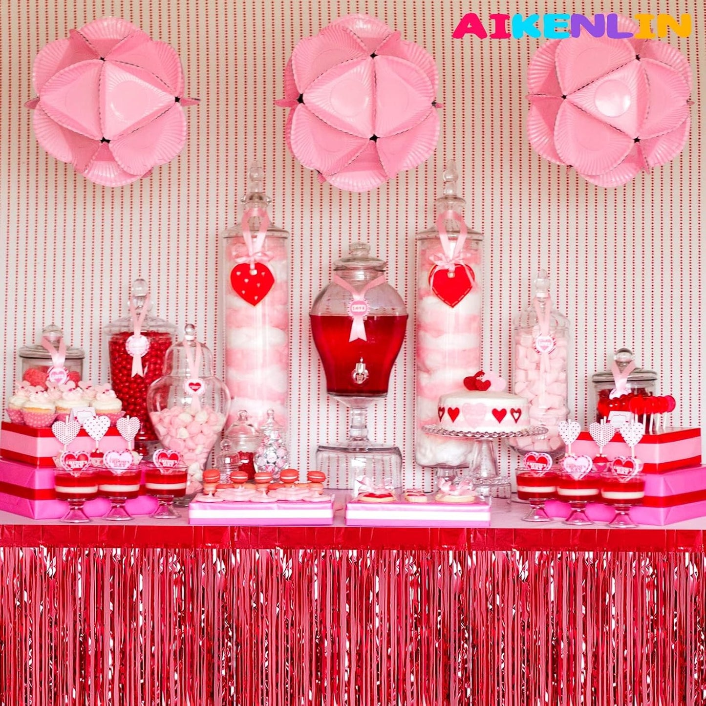 6 Pack 29x108 Inch Metallic Foil Fringe Tinsel Table Skirts Banner for Rectangle Tables Streamer Garland Curtains Backdrop for Wedding, Birthday, Parade Floats, Christmas Party Decoration(Red)