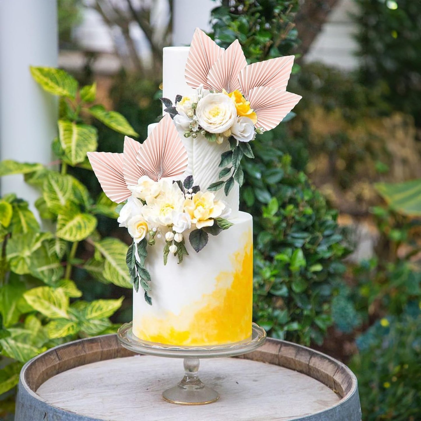 Ephlyn 6Pcs Paper Palm Fan Cake Topper Palm Spear Leaves Fan Cake Pick DIY Insert Cake Decorations for Baby Shower Wedding Bridal Shower Birthday Anniversary Party Supplies Pink