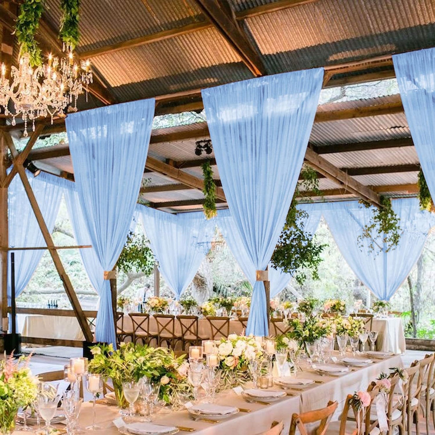 MODFUNS Wedding Drapes Ceiling Decorations Baby Blue Wedding Arch Drapes 5FTx20FT 2 Panels Chiffon Sheer Ceiling Curtain Tulle Curtain for Party Sheer Arbor Drapery Canpoy Tent Ceiling Backdrop