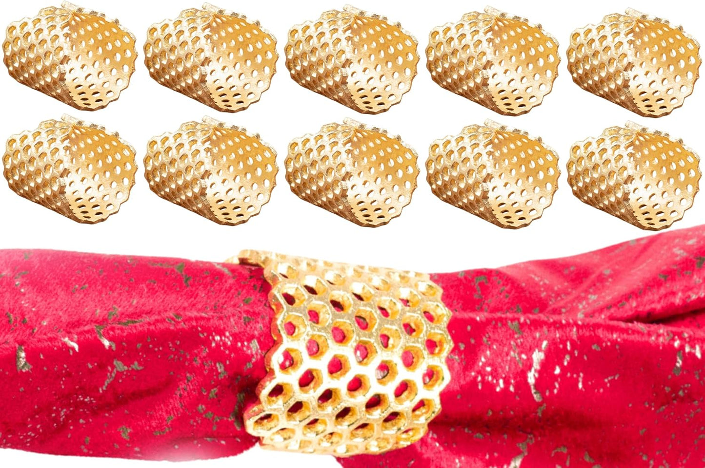 Gold Honeycomb Napkin Rings Set of 10 - Elegant Lightweight Metal Serviette Holders for Dining Table, Wedding, Party & Home Décor - CLEENTABLE
