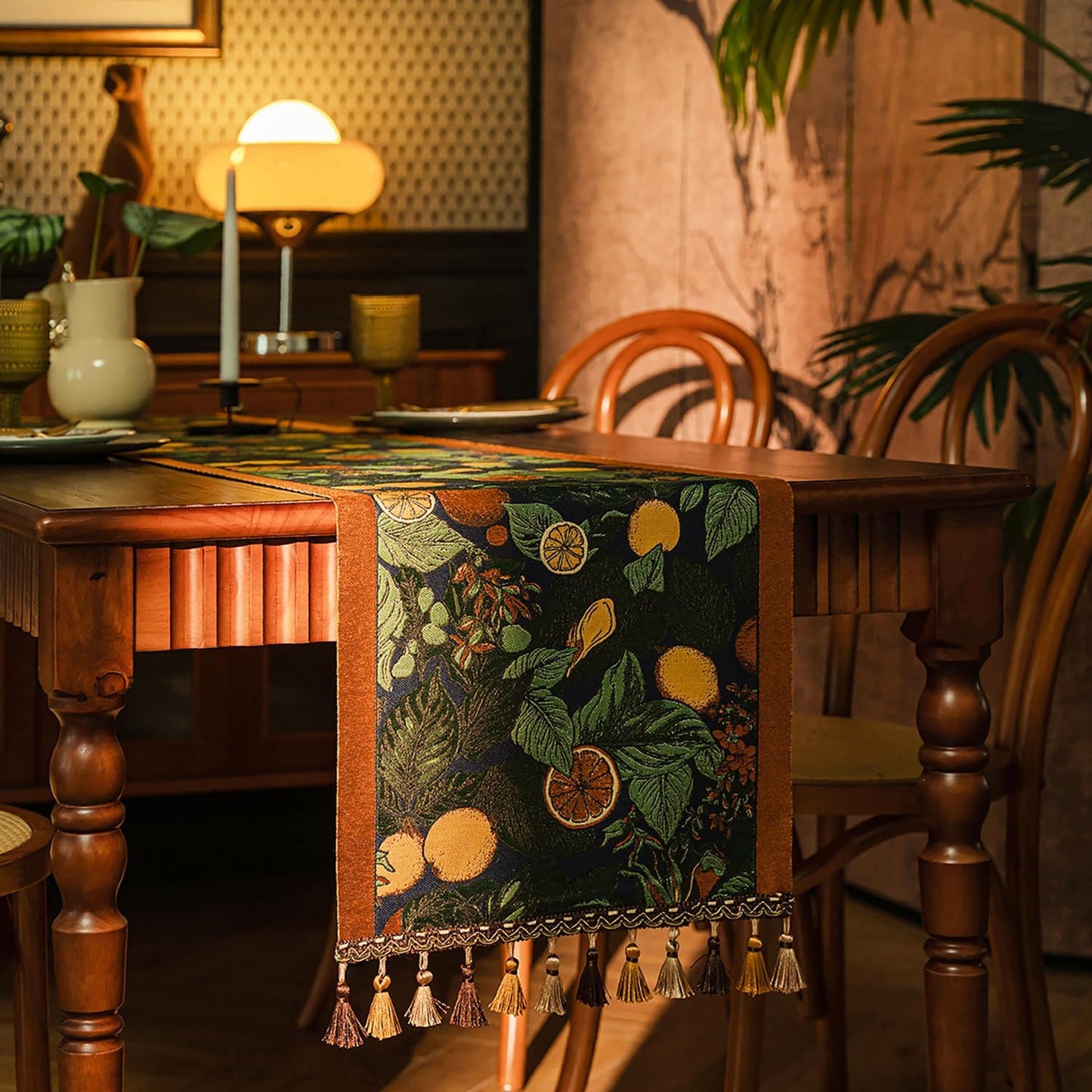 13×72 Inch Table Runner, Retro-Luxury Tassels Series for Kitchen Dining Table Holiday Decoration (Lemon Garden)