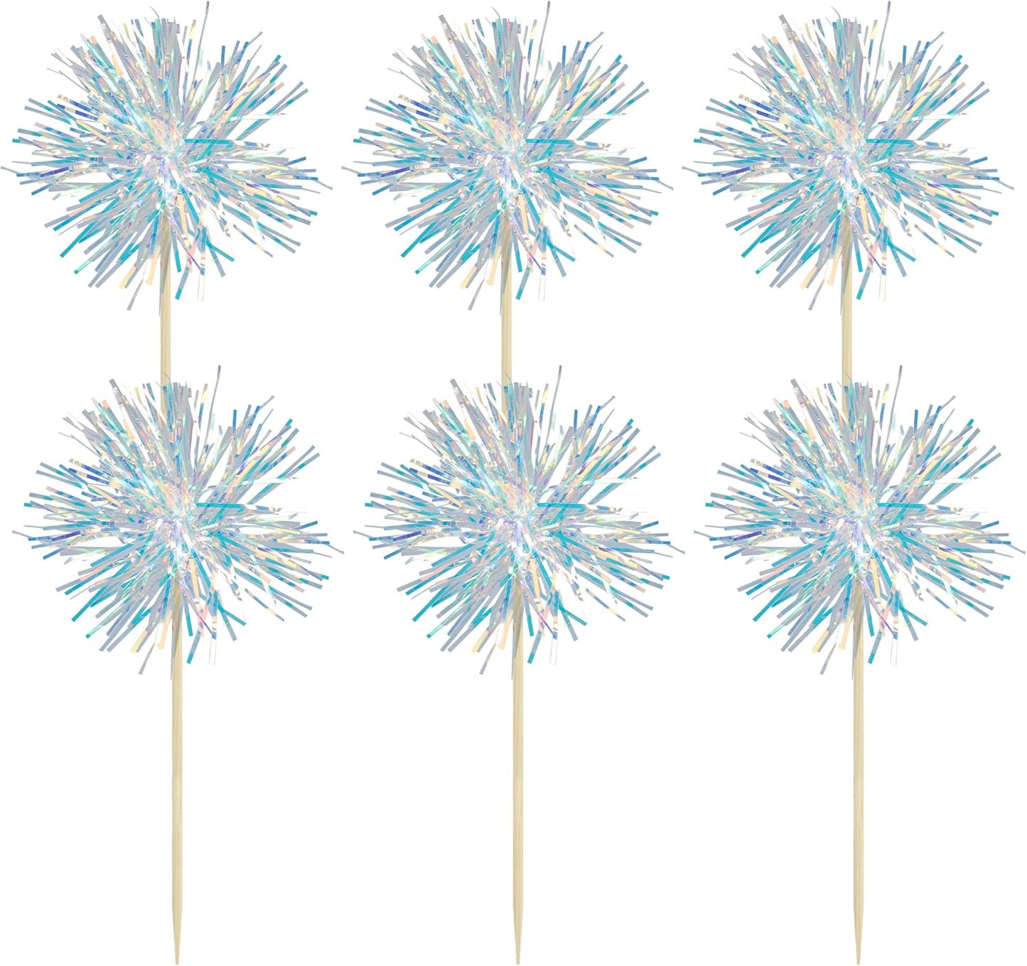 Gyufise 30Pcs Foil Firework Cupcake Toppers Sparkle Tinsel Cake Toppers Tinsel Drink Cake Decoration Cocktail Picks for Birthday Wedding Graduation Party Supplies Laser White