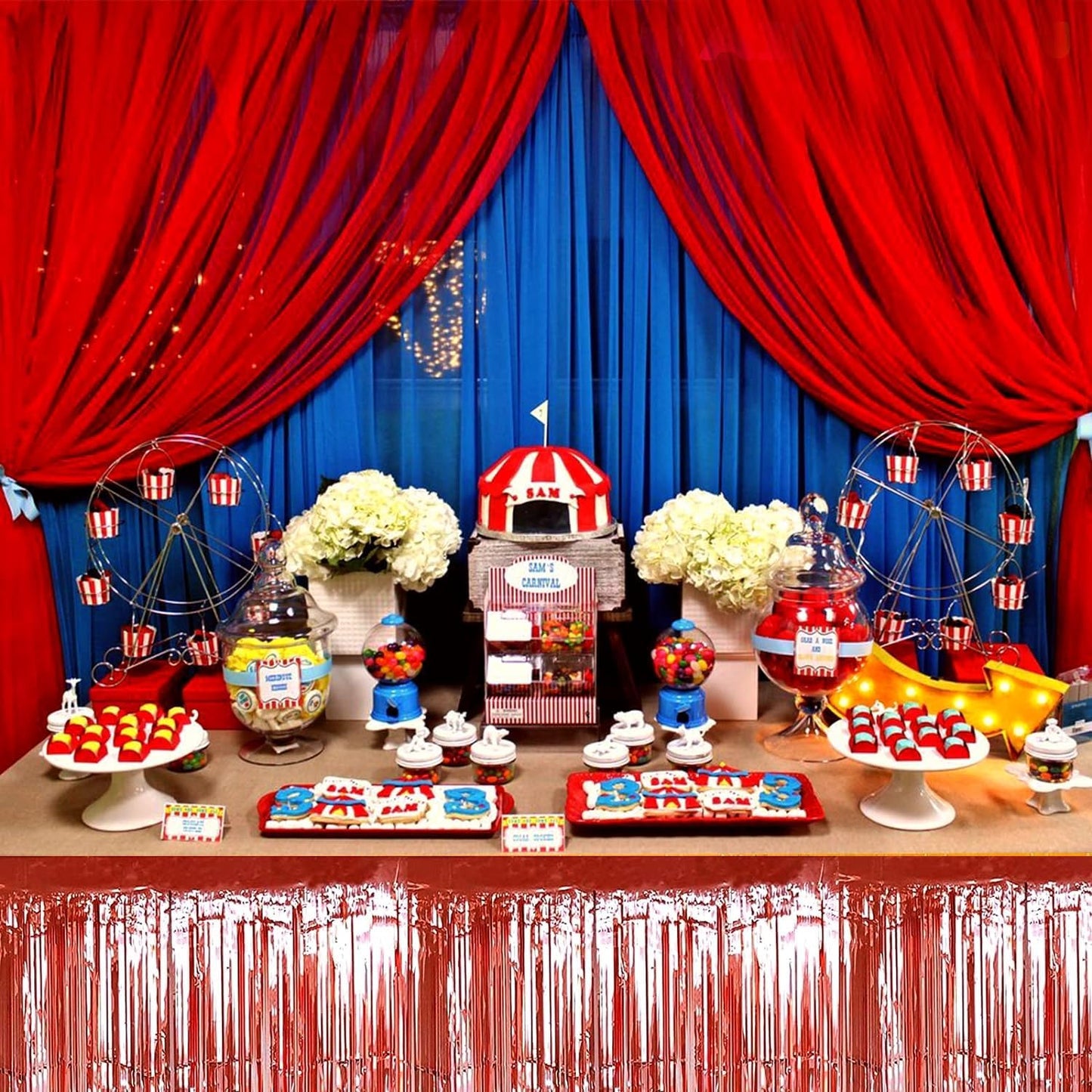 4P Metallic Foil Fringe Tinsel Table Skirts for Rectangle Tables Backdrop Banner Streamer Garland Curtains for Parade Floats Wedding Graduation Anniversary Birthday Parties Decoration (Rose Gold)