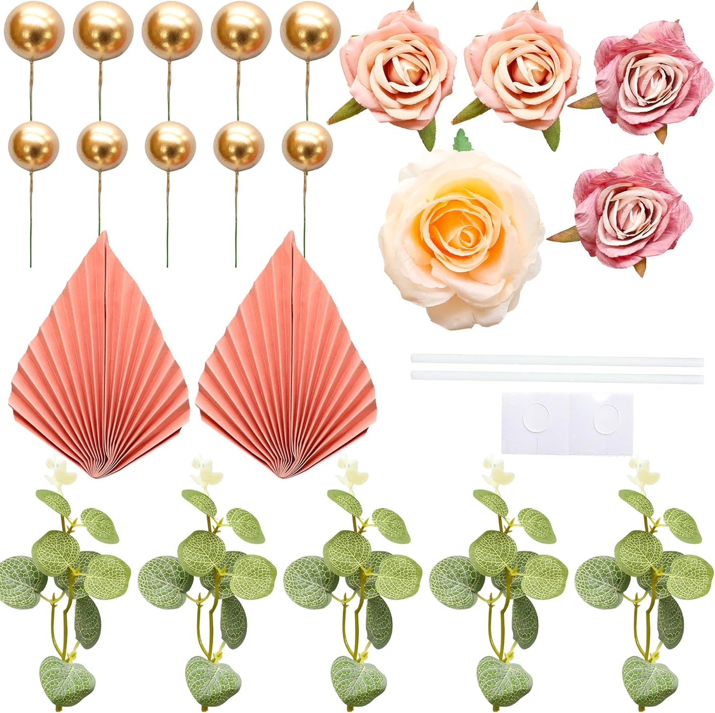 Gyufise 22Pcs Rose Artificial Flower Leaves Cake Topper Decorations Gold Balloon Cake Toppers Leaf Paper Palm Fan Cake Picks for DIY Wedding Birthday Valentine's Day Party Decorations Supplies Pink