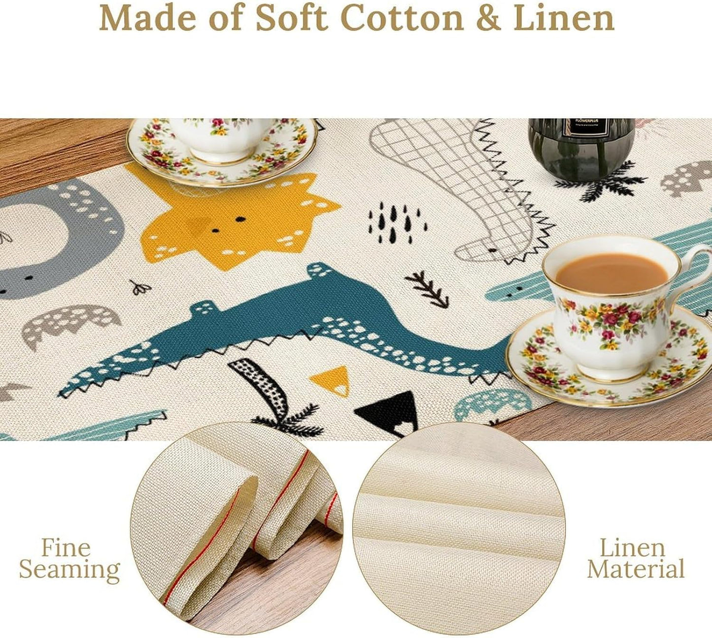 Cartoon Dinosaur Table Runner,Kids Boys Cute Various Dino Moutain Modern Abstract Print Tablecloth Burlap for Hotel Indoors Outdoor Dining Room Kitchen Holiday Party, 13x90in