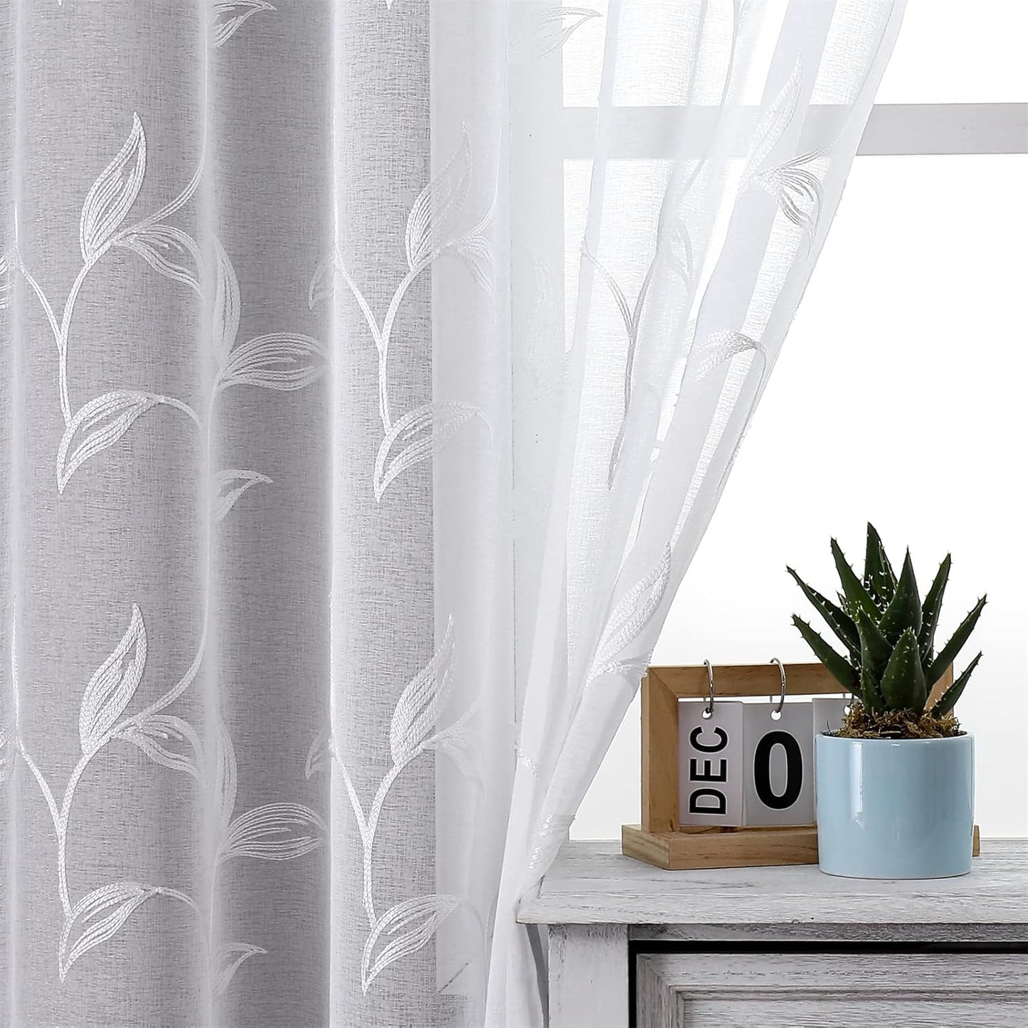 VISIONTEX White Sheer Voile Curtains, Decorative Leaves Embroidery Faux Linen Rod Pocket Window Drapes for Home Kitchen, Living Room and Bedroom 26 x 36 Inch, Set of 2 Curtain Panels