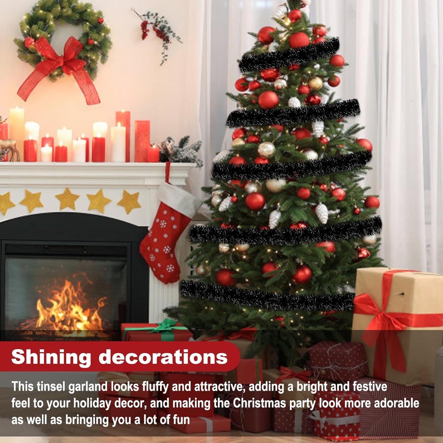 50 Feet Black Christmas Tinsel Garland, Metallic Foil Twist Garland Wall Hanging Tinsel Banner Backdrop for Parade Floats, Easter, Mother's Day, Wedding Party Decorations (2in x 50ft)