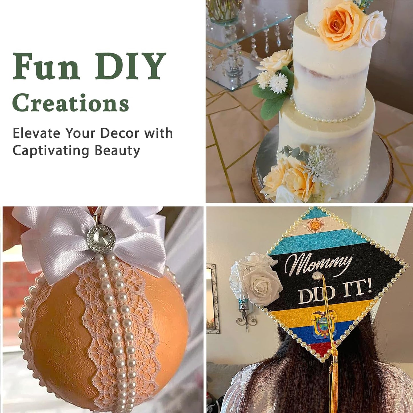 Flat Pearl Garland String 11 Yards, 10MM Half-Round Beaded Spool Roll Crafts for Wedding Decoration (White)